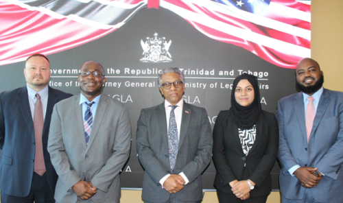 The Honourable Attorney General, the then Chard’Affaires Mr. Shante Moore, INL Unit Chief  Mr. Fred Bolageer and Assistant Legal Attaché, Mr. Derek Kreitenstein of the U.S. Embassy, Port of Spain