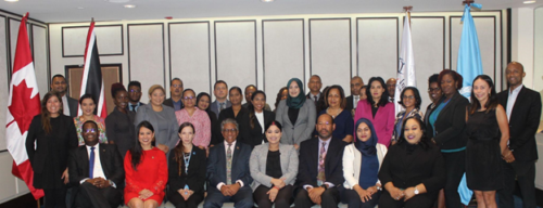 The Honourable Attorney General, Senator the Honourable Renuka Sagramsingh-Sooklal, the Criminal Justice Unit and representatives from the United Nations Office on Drugs and Crime (UNODC), International Centre for Missing and Exploited Children, CARICOM IMPACS and key stakeholders at the Trinidad Hilton for the launch of the UNODC Project on Strengthening TT capacities to effectively prevent and counter online child sexual abuse and exploitation and related crimes